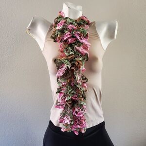 BOGO Scarf Sale - Hand Crafted crochet pink green and tan ruffle scarf